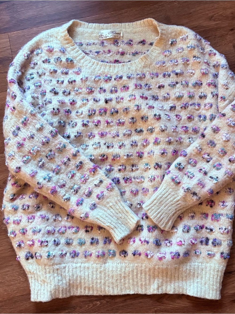 Cozy Cream Boucle Dot Sweater with Pink & Purple Accents size L women’s cozy
